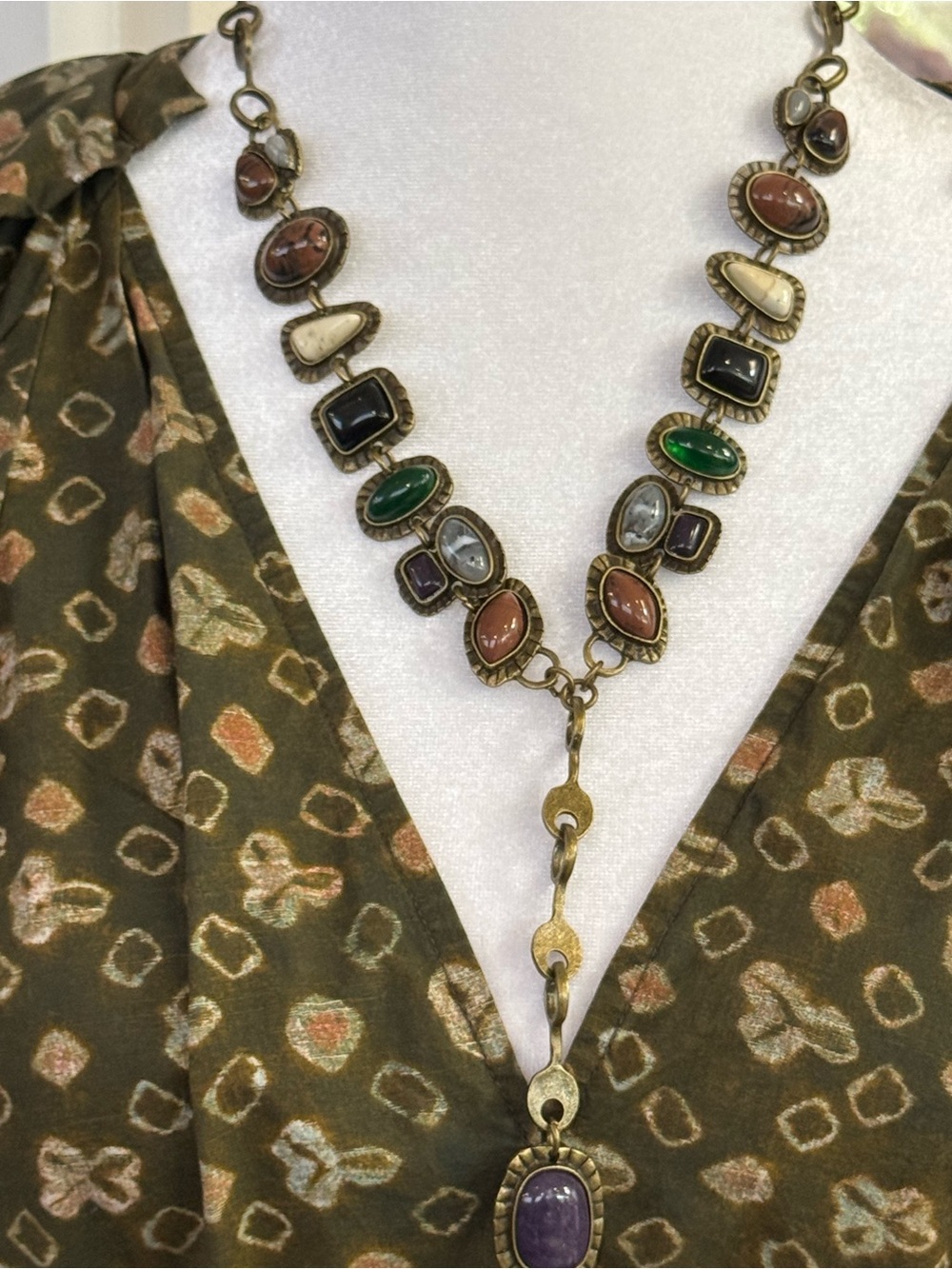 Multicolor Gemstone Pendant Necklace in Antique Gold-Tone